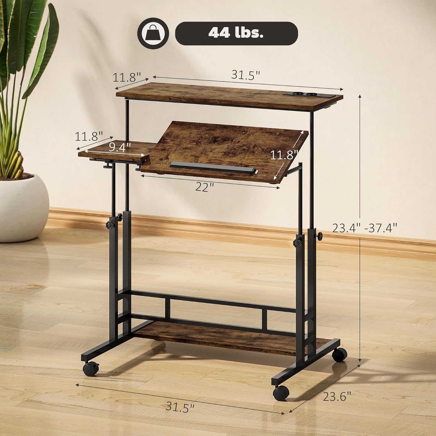 Stand Up Desk with Tiltable Tabletop, Lockable Wheels, Bottom Shelf