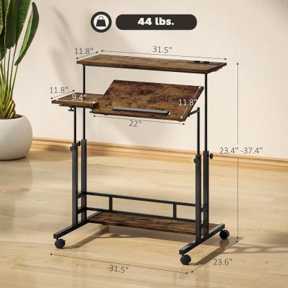 Stand Up Desk with Tiltable Tabletop, Lockable Wheels, Bottom Shelf