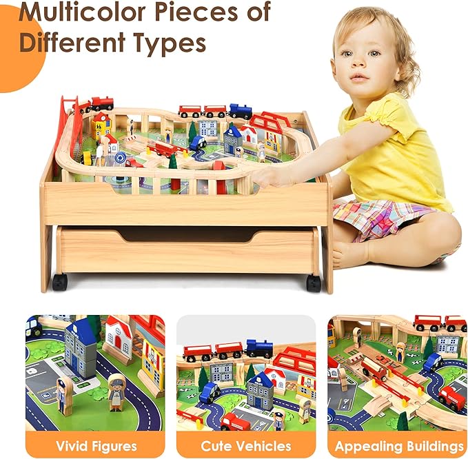Wooden Kids Activity Table with Storage Drawer, 100 Multicolor Pieces