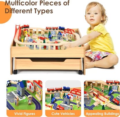 Wooden Kids Activity Table with Storage Drawer, 100 Multicolor Pieces