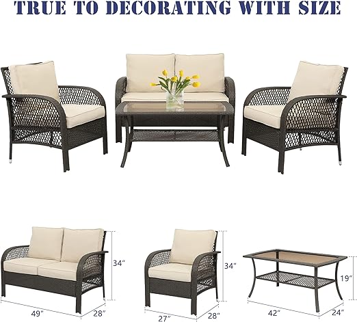 Patio Conversation Sets, 4 Pieces Patio Bistro Set with Coffee Table and Thick Cushions, All Weather Contemporary Grey Rattan Chair, Outdoor Furniture Set