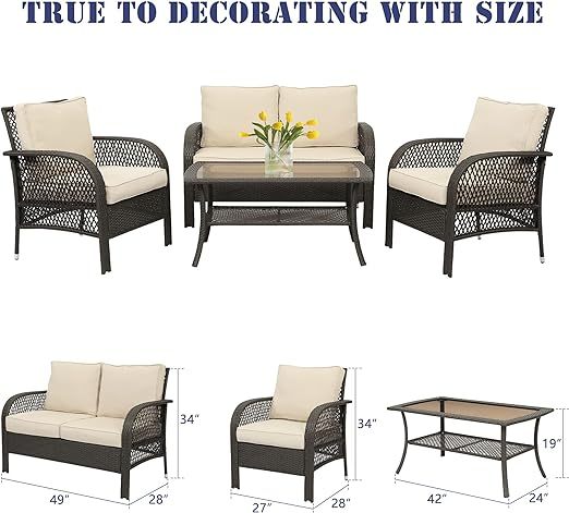 Patio Conversation Sets, 4 Pieces Patio Bistro Set with Coffee Table and Thick Cushions, All Weather Contemporary Grey Rattan Chair, Outdoor Furniture Set