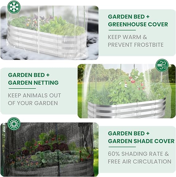 Raised Garden Bed with Greenhouse Frame and 3 Covers, Galvanized Metal Oval Planter Box for Outdoor Gardening, Tall Garden Box with Large Planting Space