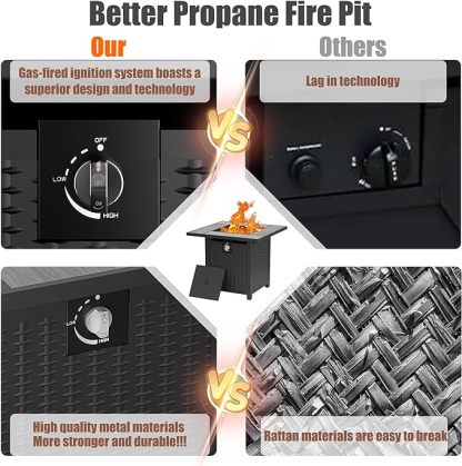 30 inch Propane Fire Pit, Square Gas Fire Pit Table with Grey Ceramic Tile Tabletop and Lid