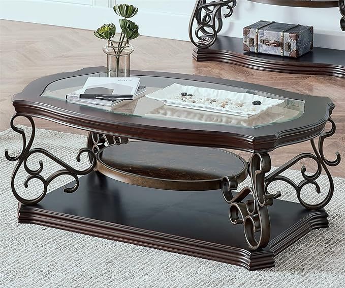 2-Tier Brown Vintage Wooden Coffee Table Retro Glass Table Top