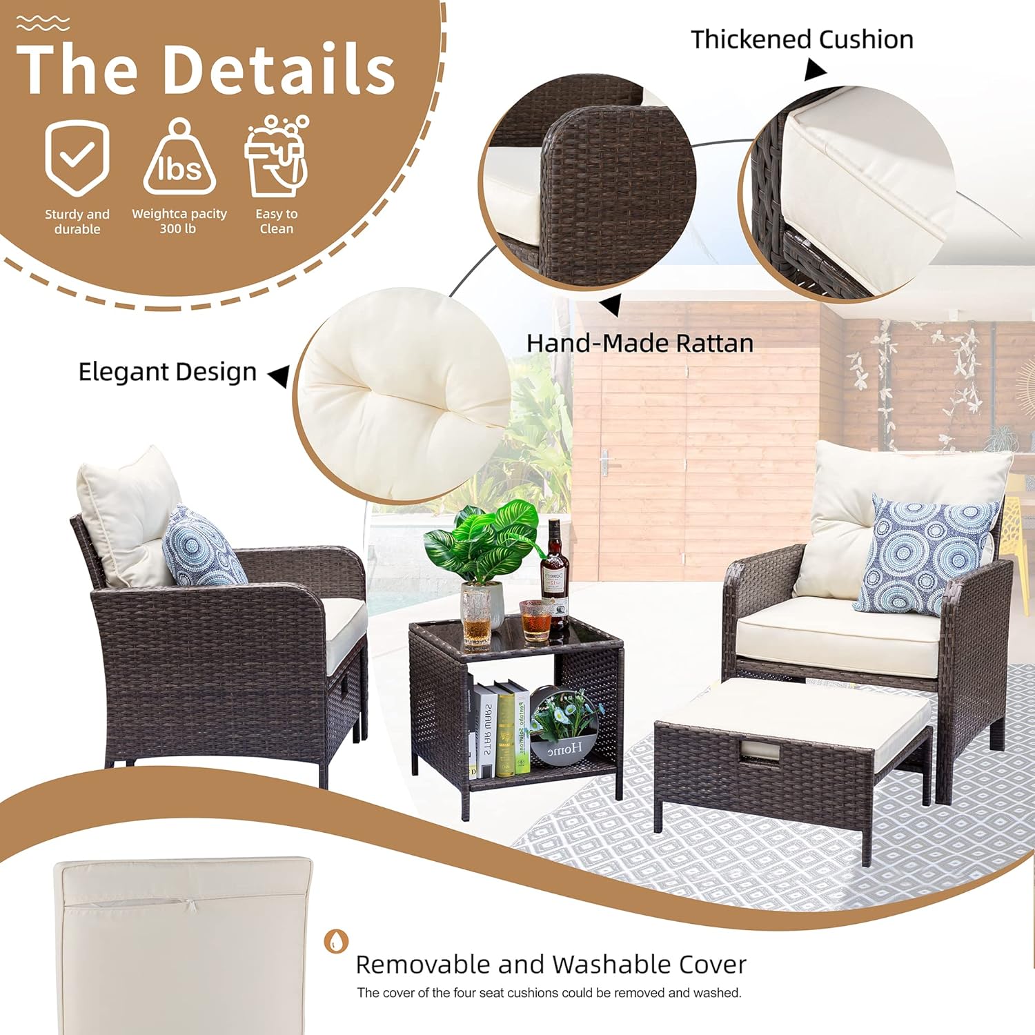 5 Pieces Outdoor Wicker Patio Furniture Set, All Weather PE Rattan Conversation Set