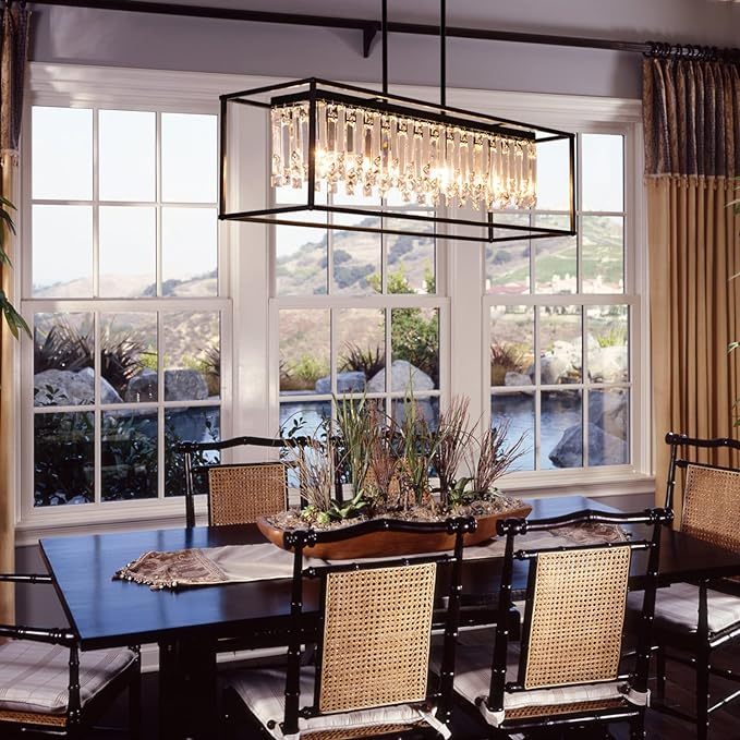 Farmhouse Chandelier for Kitchen Island Light with K9 Crystal, Black Rectangle Dining Room Lighting Fixtures Hanging