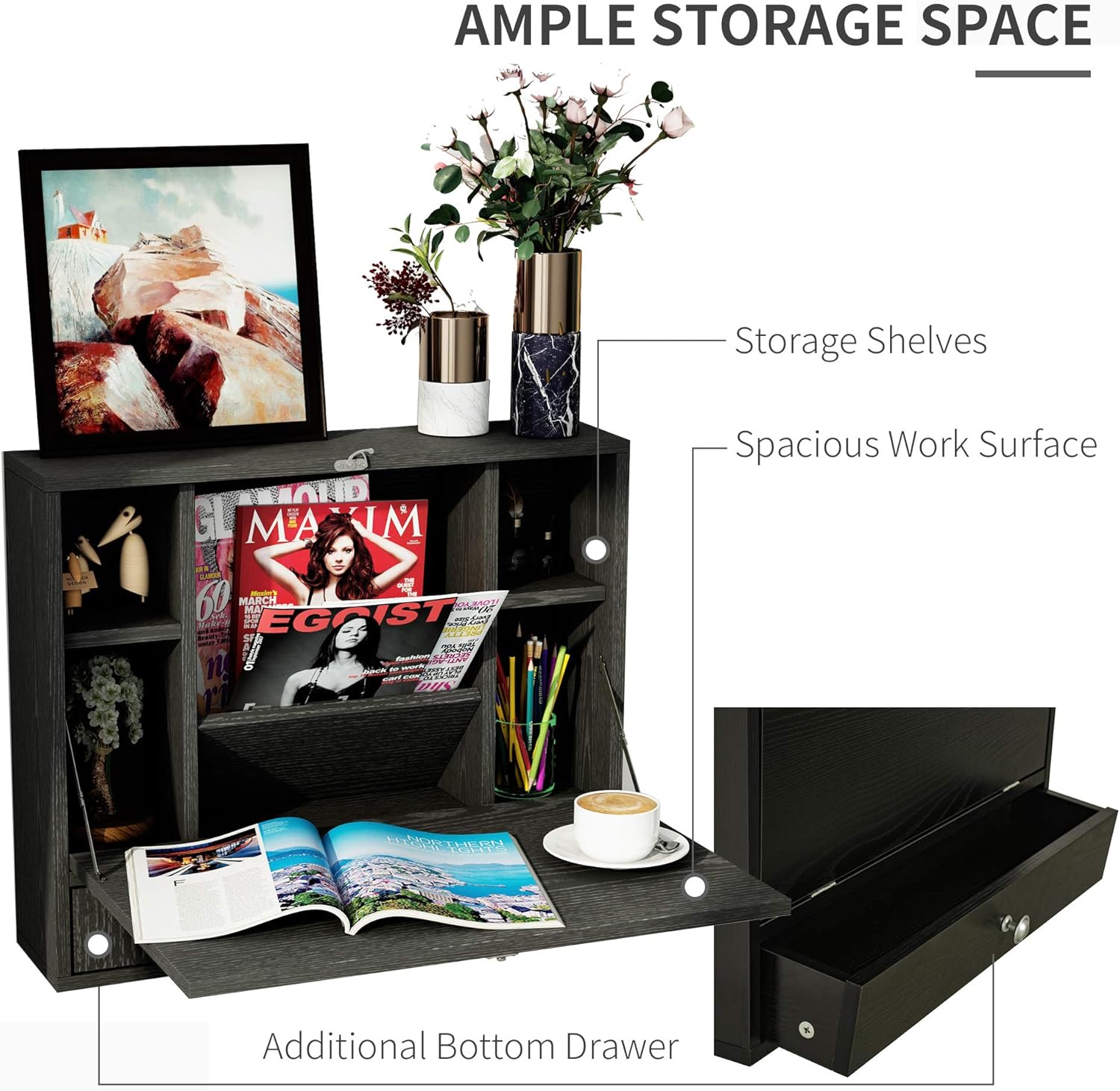23.5 x 6 x 19.75 Inch Floating Desk with Foldable Tabletop, Space Saving Computer Writing Table