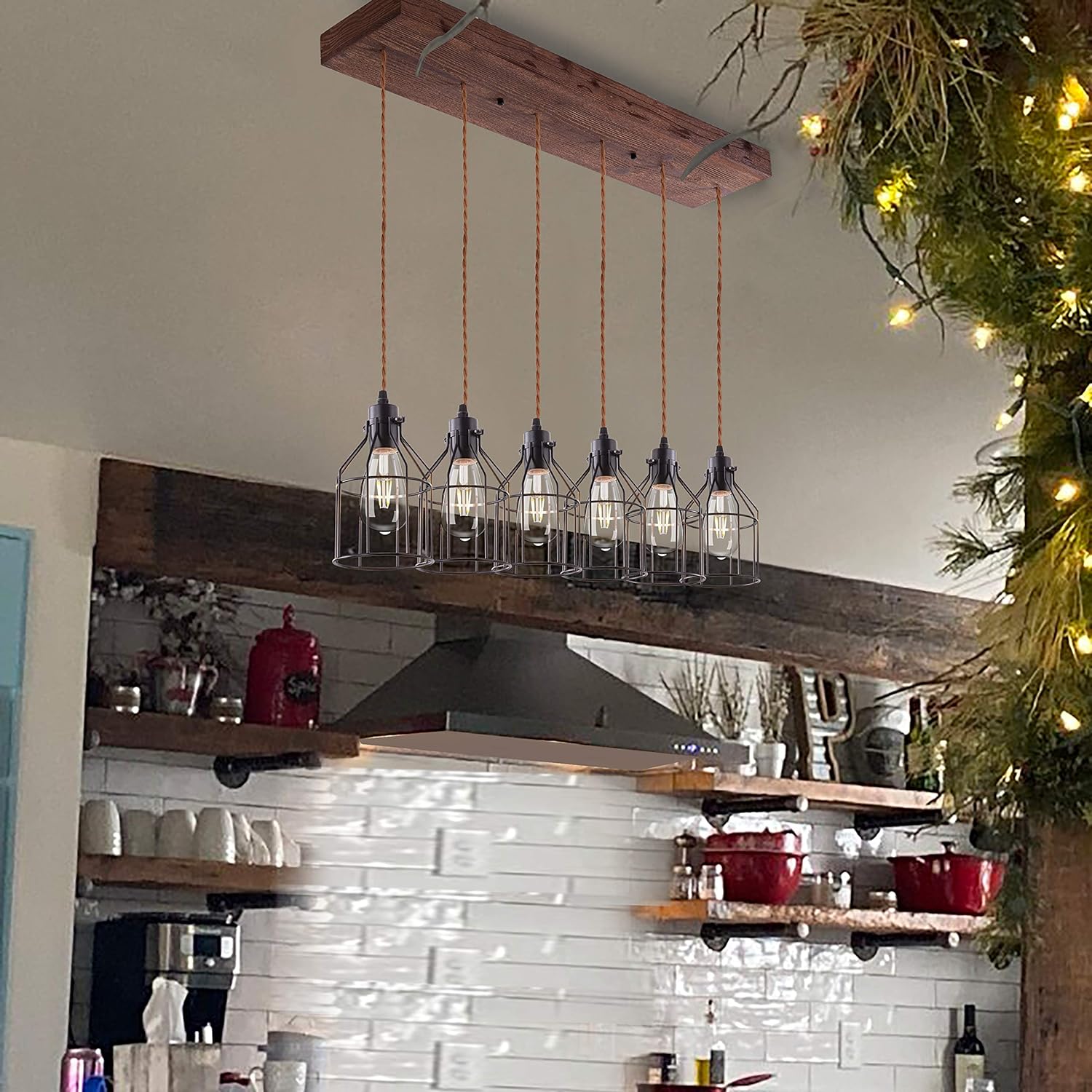 6 Lights Pendant Light for Kitchen Island, Farmhouse Linear Wood Flush Mount Chandelier with Metal Shades