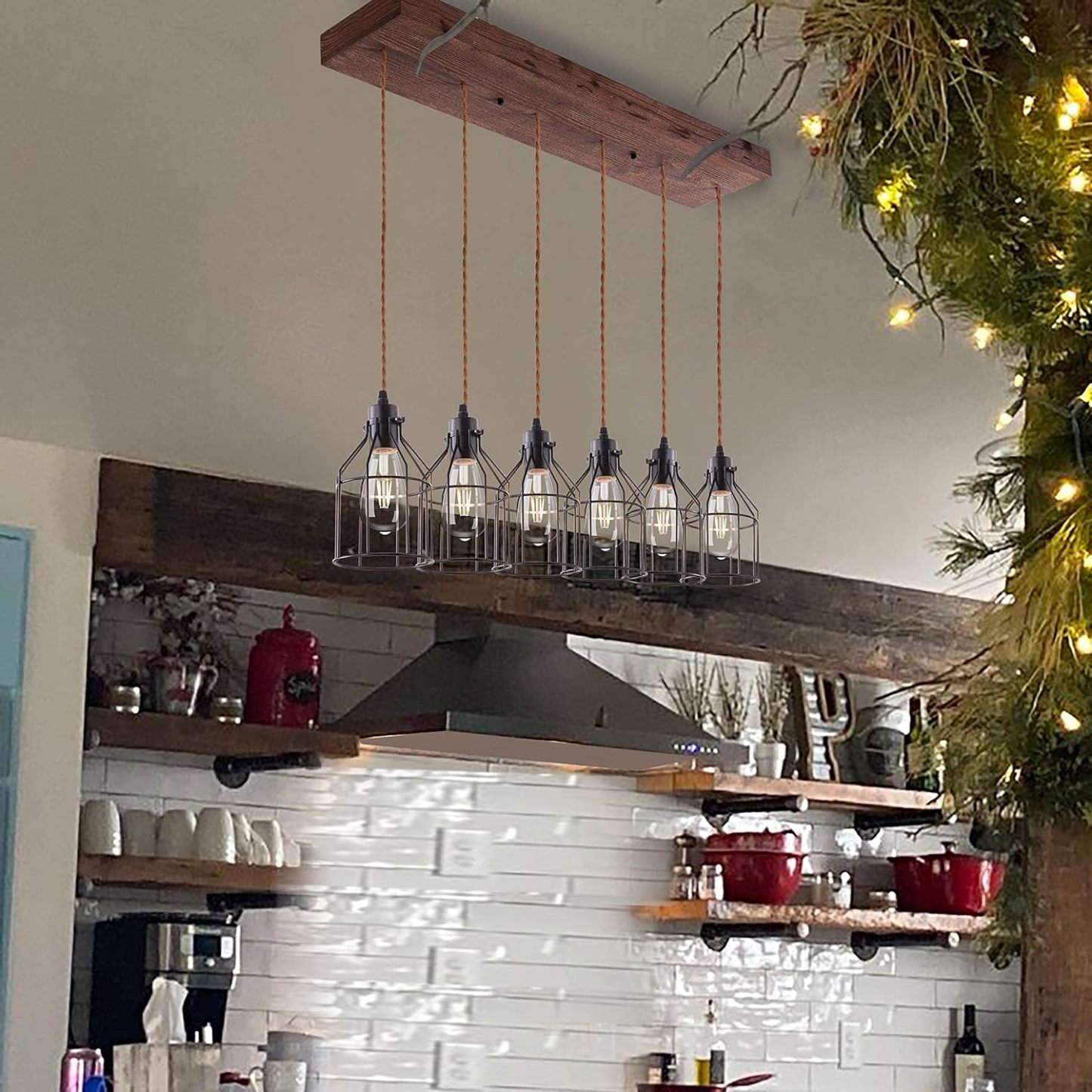 6 Lights Pendant Light for Kitchen Island, Farmhouse Linear Wood Flush Mount Chandelier with Metal Shades