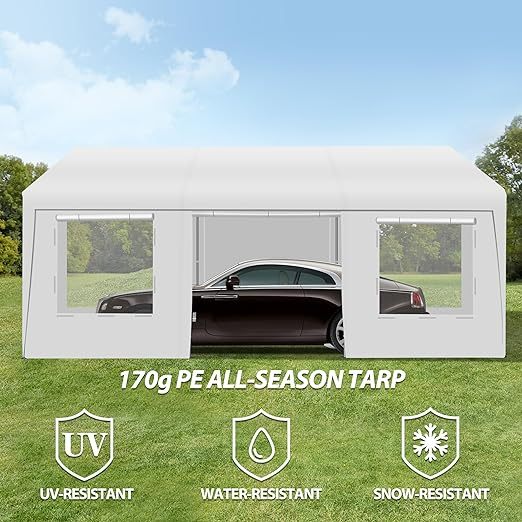 Upgraded 10 x 20Ft Heavy Duty Carport, Portable Garage Shelter with with Roll-up Sidewall and Ventilated Windows, Sand Bags, for Truck, Boat, Car(White)