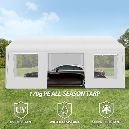 Upgraded 10 x 20Ft Heavy Duty Carport, Portable Garage Shelter with with Roll-up Sidewall and Ventilated Windows, Sand Bags, for Truck, Boat, Car(White)