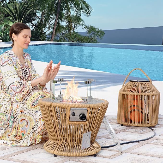 21'' Round Propane Natural Gas Fire Pit Espresso PE Wicker Fire Pit for Outdoor