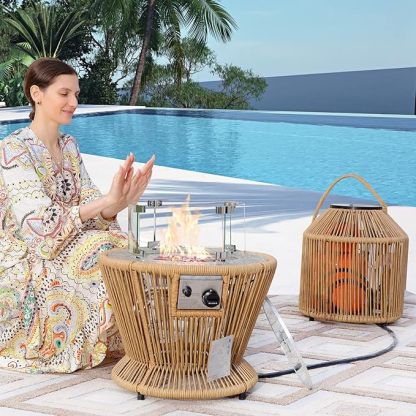 21'' Round Propane Natural Gas Fire Pit Espresso PE Wicker Fire Pit for Outdoor