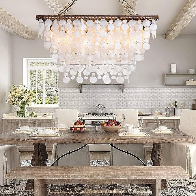 9 Lights Capiz Shell Chandelier for Kitchen Island, Seashell Pendant Light Ceiling Light Fixture, Rectangle Coastal Ceiling Hanging Light
