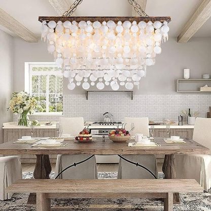 9 Lights Capiz Shell Chandelier for Kitchen Island, Seashell Pendant Light Ceiling Light Fixture, Rectangle Coastal Ceiling Hanging Light