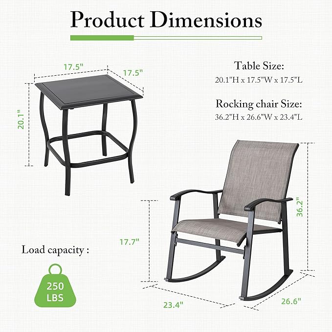 3 Piece Rocking Bistro Set, Outdoor Furniture with Rocker Chairs and Glass Coffee Table Set of 3