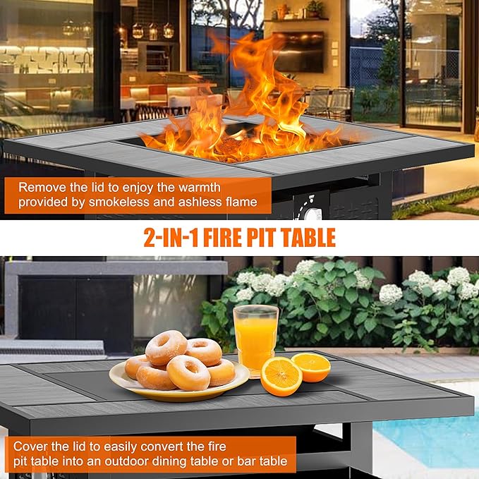 30 inch Propane Fire Pit, Square Gas Fire Pit Table with Grey Ceramic Tile Tabletop and Lid