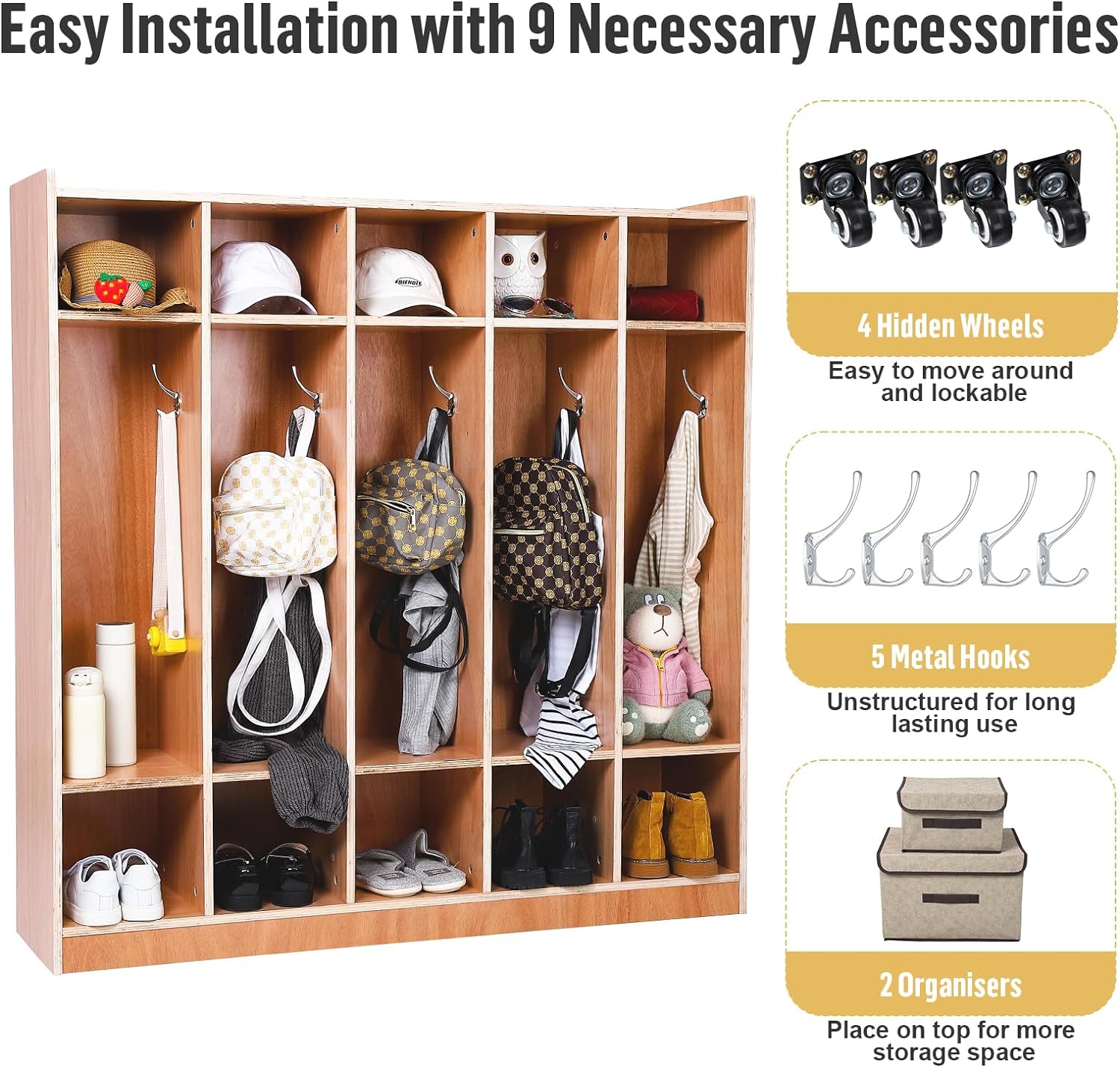 5-Section Classroom Coat Locker Glazed Finished, 10 Cubbies for Classrooms