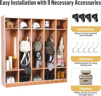 5-Section Classroom Coat Locker Glazed Finished, 10 Cubbies for Classrooms