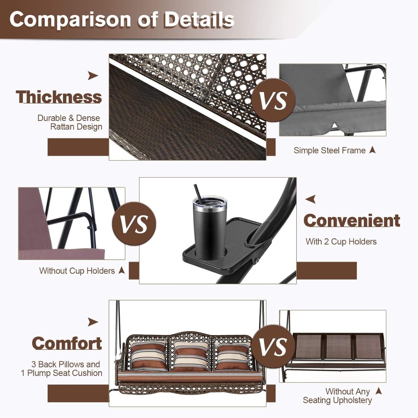 3-Seat Outdoor Patio Swing Chair, Large Converting Canopy Porch Swing Glider, Hammock Lounge Chair for Porch, Rattan Wicker Steel Frame Cushion & Pillow, Brown