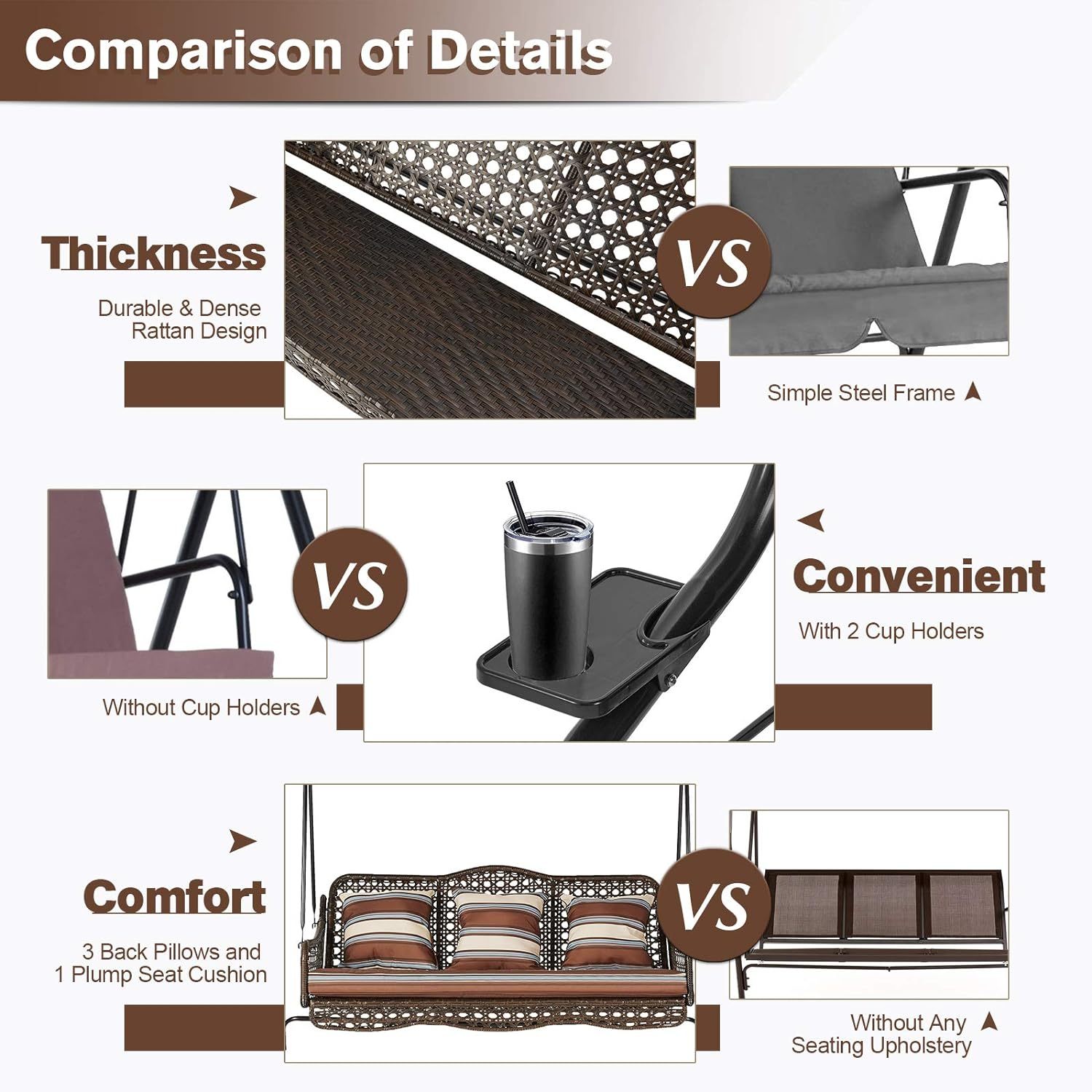 3-Seat Outdoor Patio Swing Chair, Large Converting Canopy Porch Swing Glider, Hammock Lounge Chair for Porch, Rattan Wicker Steel Frame Cushion & Pillow, Brown