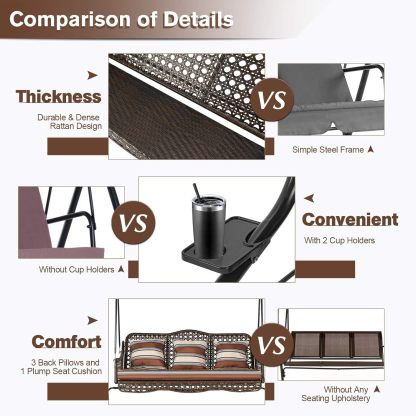 3-Seat Outdoor Patio Swing Chair, Large Converting Canopy Porch Swing Glider, Hammock Lounge Chair for Porch, Rattan Wicker Steel Frame Cushion & Pillow, Brown