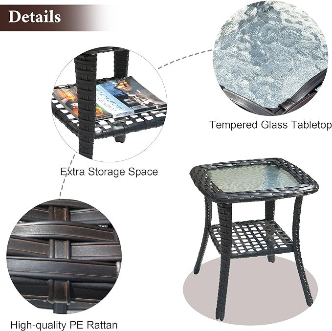 Patio Coffee Table Outdoor Rattan Wicker Side Table with Glass Top