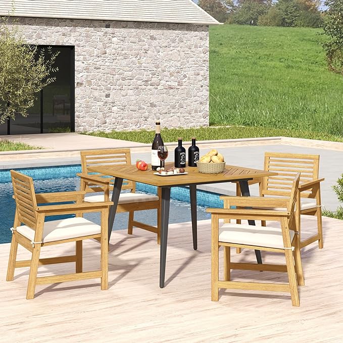 4-Person Outdoor Dining Table, 42.5” Acacia Wood Patio Table with 1.9” Umbrella Hole