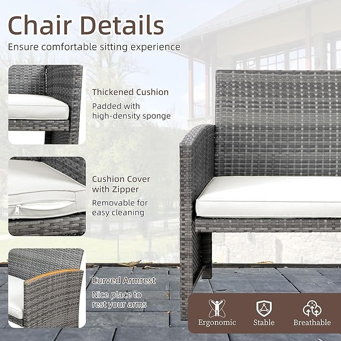 Outdoor Wicker Patio Conversation Furniture Set with Cushions and Tempered Glass Tabletop