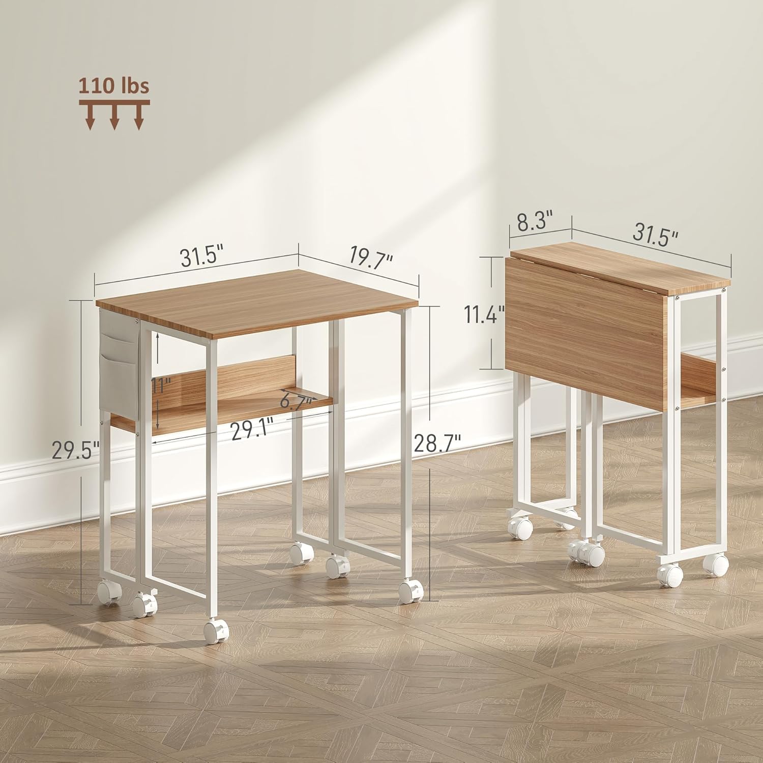 Rolling Computer Desk Foldable with Storage Bag and Shelf, 31.5" Portable Writing Table on Wheels