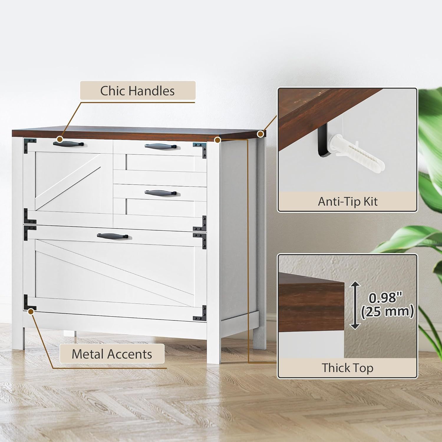 4 Drawer File Cabinet, Farmhouse Lateral Filing Cabinet with Adjustable Hanging Rails for Letter/A4/Legal Size Files