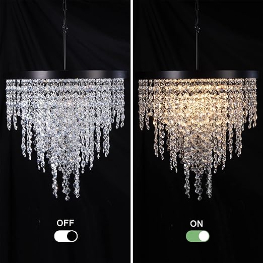 Black Crystal Chandelier 24 inch, 3-Tier Modern Round K9 Crystals Light Fixtures for Dining Room, Contemporary Pendant Light FixtureKitchen Island, Living Room, Bedroom,Foyer