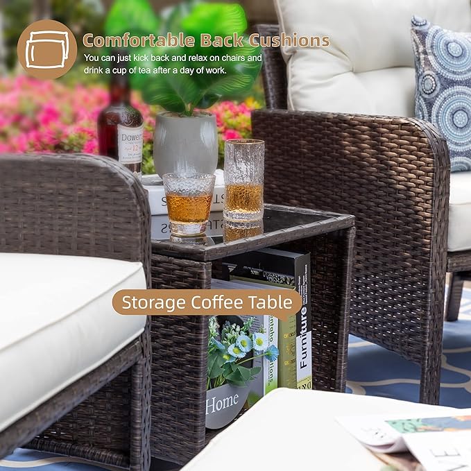 5 Pieces Outdoor Wicker Patio Furniture Set, All Weather PE Rattan Conversation Set