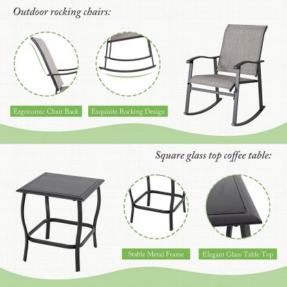3 Piece Rocking Bistro Set, Outdoor Furniture with Rocker Chairs and Glass Coffee Table Set of 3