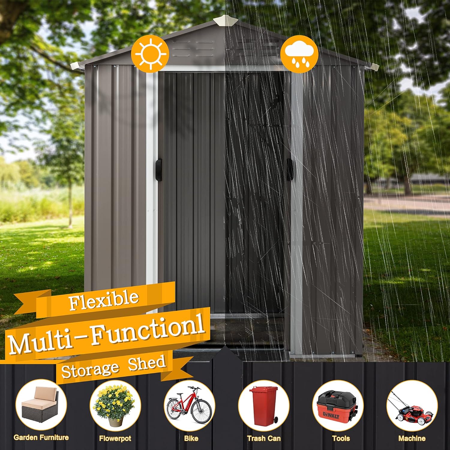 5x3 FT Outdoor Storage Shed, Waterproof Metal Garden Sheds with Lockable Double Door
