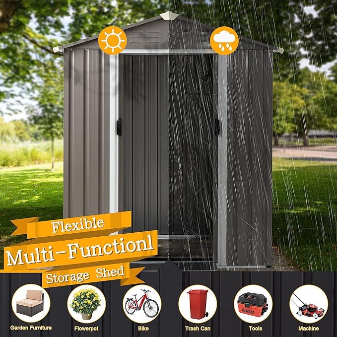 5x3 FT Outdoor Storage Shed, Waterproof Metal Garden Sheds with Lockable Double Door