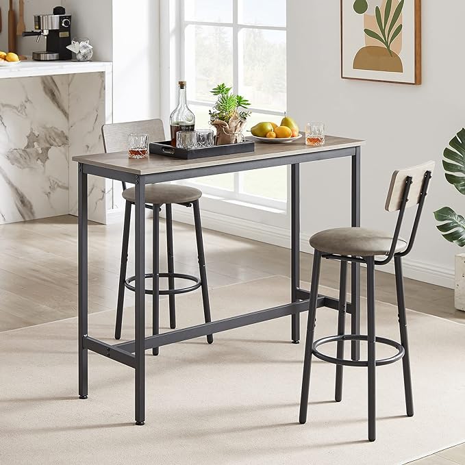 Bar Table and Chairs Set for 2, 3-Piece Small Rectangle Pub Bistro Table and PU Upholstered Stools with Backrest