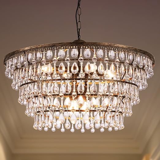 Crystal Chandelier Farmhouse 5 Tiers Crystal Light Fixtures Hanging Modern Bronze Ceiling Pendant Light, Chandeliers for Dining Room, Kitchen Island, Bedroom, Foyer, Entryway, Bar, W28-inch
