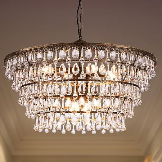 Crystal Chandelier Farmhouse 5 Tiers Crystal Light Fixtures Hanging Modern Bronze Ceiling Pendant Light, Chandeliers for Dining Room, Kitchen Island, Bedroom, Foyer, Entryway, Bar, W28-inch