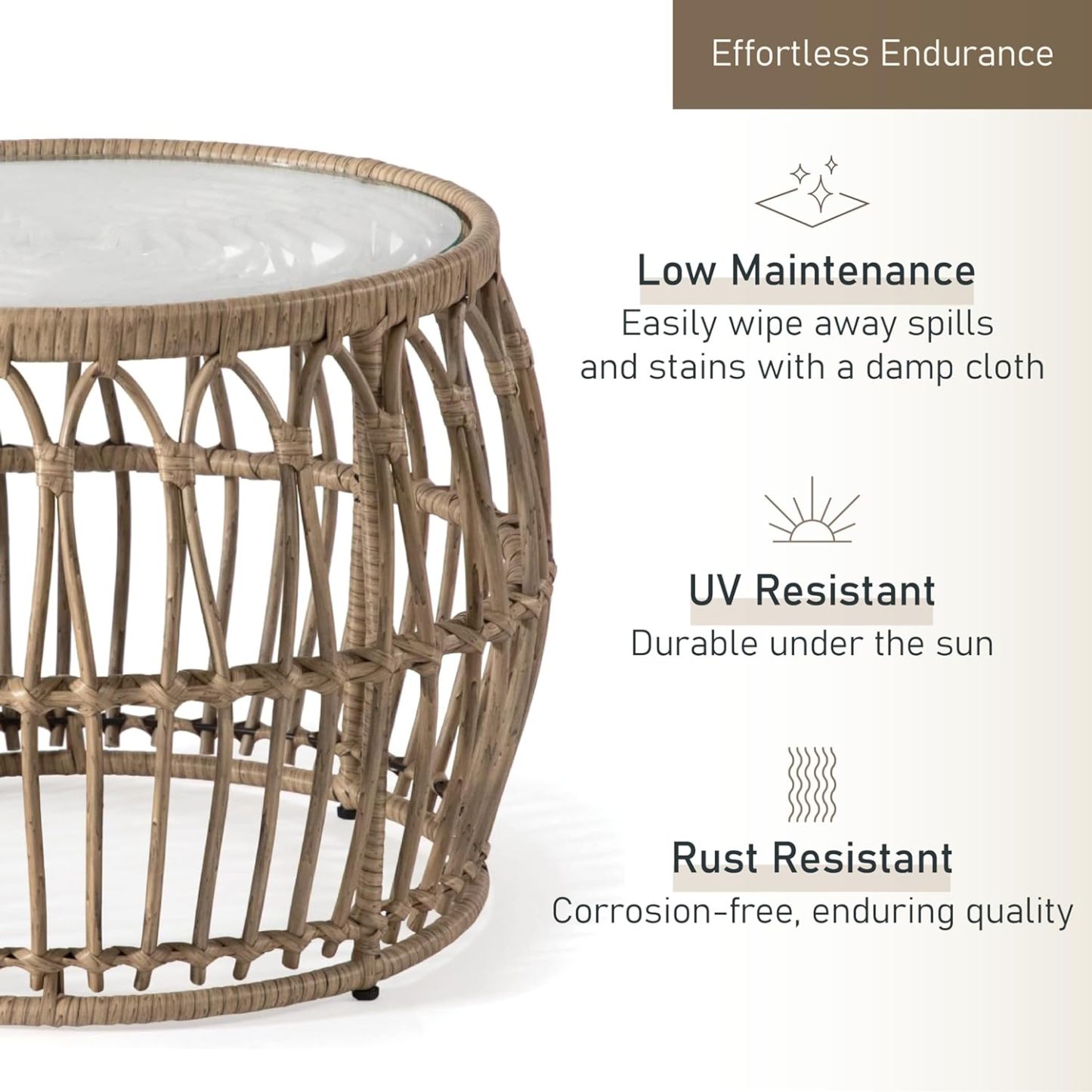 Boho Rattan Round Coffee Table Outdoor with 5mm Tempered Glass Top
