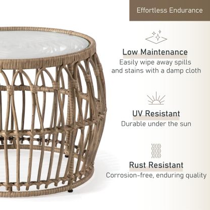 Boho Rattan Round Coffee Table Outdoor with 5mm Tempered Glass Top