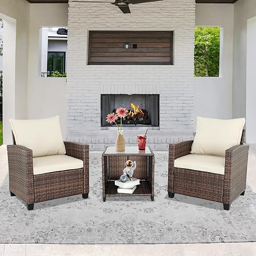 3 Piece Patio Set Rattan Wicker Chairs with Coffee Table Outside Furniture Balcony Furniture Sets (Brown Gary)