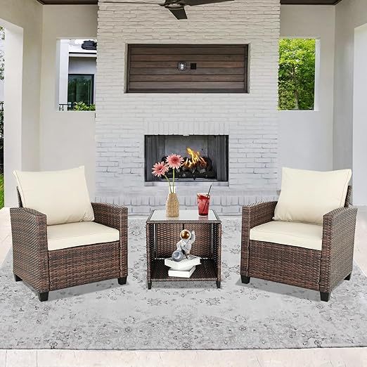 3 Piece Patio Set Rattan Wicker Chairs with Coffee Table Outside Furniture Balcony Furniture Sets (Brown Gary)