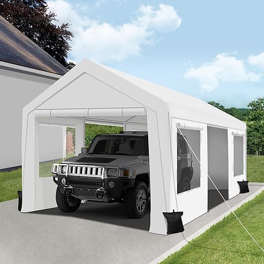 Upgraded 10 x 20Ft Heavy Duty Carport, Portable Garage Shelter with with Roll-up Sidewall and Ventilated Windows, Sand Bags, for Truck, Boat, Car(White)