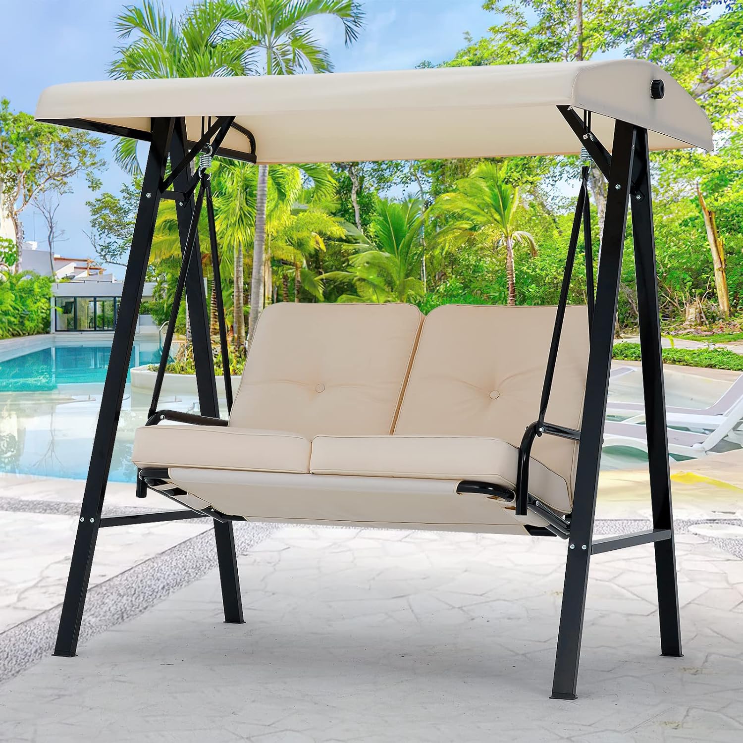 2-Seat Porch Swing Chair, Patio Swing Chair with Stand and Removable Cushions, Outdoor Canopy Swing Chair for Outside, Backyard, Garden(Beige Cushion&Steel Frame)