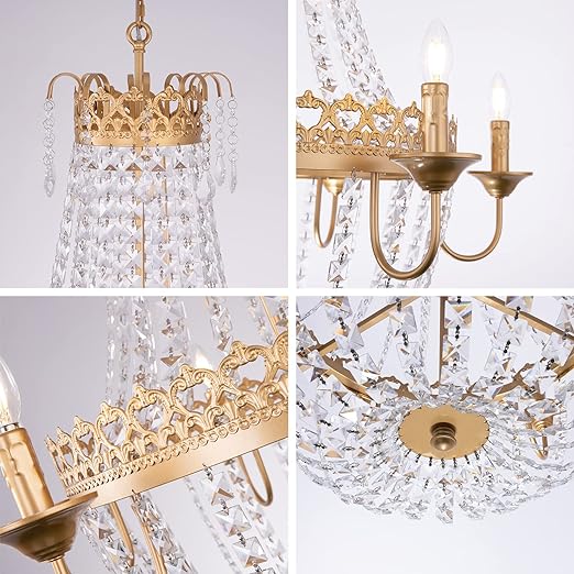 French Empire Crystal Chandelier Modern Adjustable Hanging Pendant Ceiling Mount Light Fixture for Hallway Dining Living Room Bedroom Foyer, H 38.2" x W 31.5", Gold, 6-Light, E12 Base