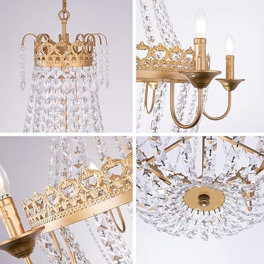 French Empire Crystal Chandelier Modern Adjustable Hanging Pendant Ceiling Mount Light Fixture for Hallway Dining Living Room Bedroom Foyer, H 38.2" x W 31.5", Gold, 6-Light, E12 Base