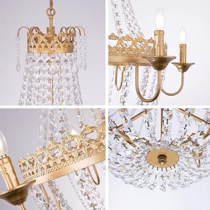 French Empire Crystal Chandelier Modern Adjustable Hanging Pendant Ceiling Mount Light Fixture for Hallway Dining Living Room Bedroom Foyer, H 38.2" x W 31.5", Gold, 6-Light, E12 Base