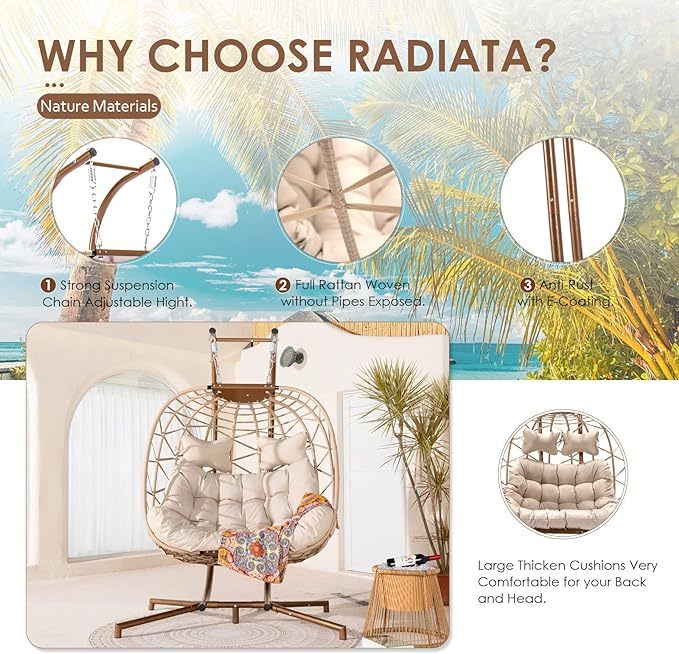 Double Egg Chair with Stand Wicker Swing Chair for 2 Person, Rattan Wicker Hanging Egg Chair